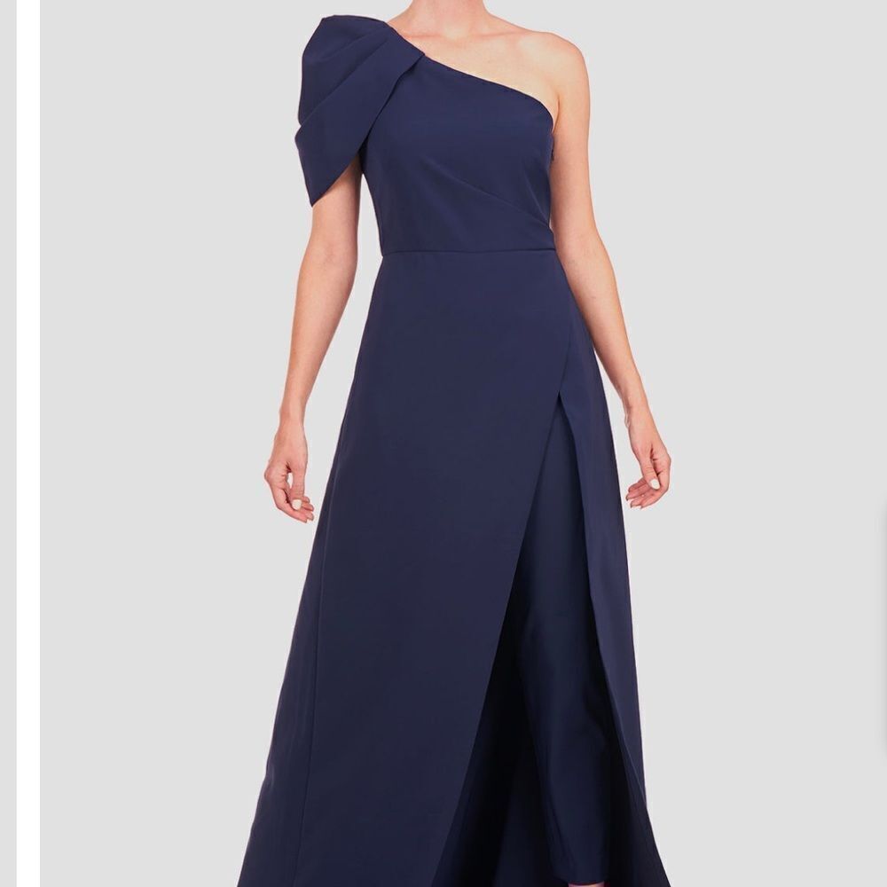 Kay Unger Bijou Shoulder Draped Jumpsuit In Black